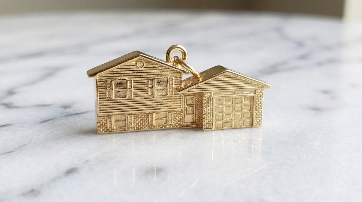 Gold house charm rendering with the roof, windows, and garage from the reference photograph