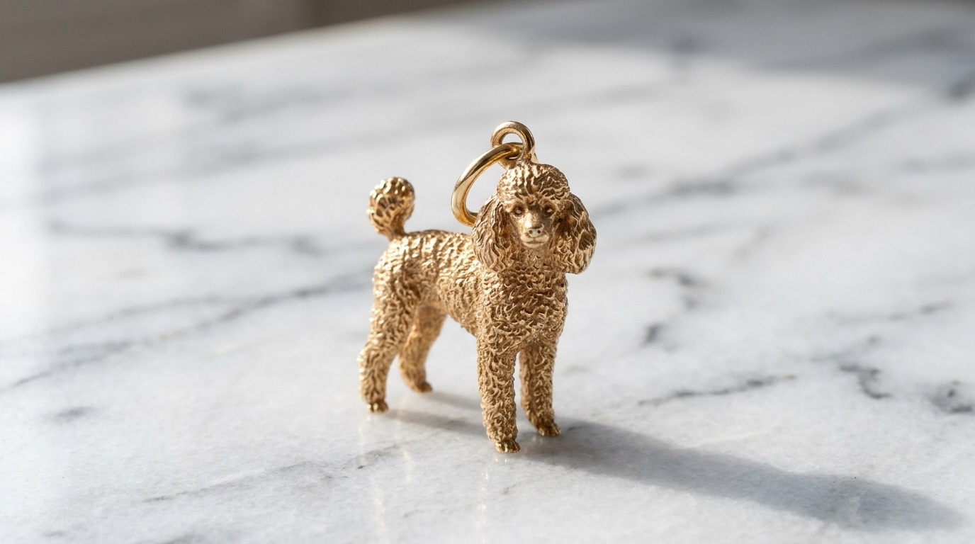 Gold poodle charm rendering with sculpted curly fur