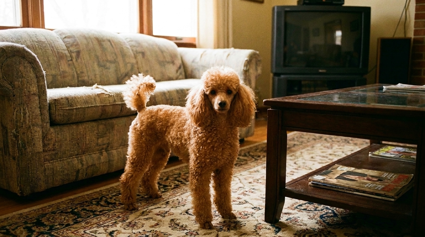 Reference photograph of a poodle in a living room